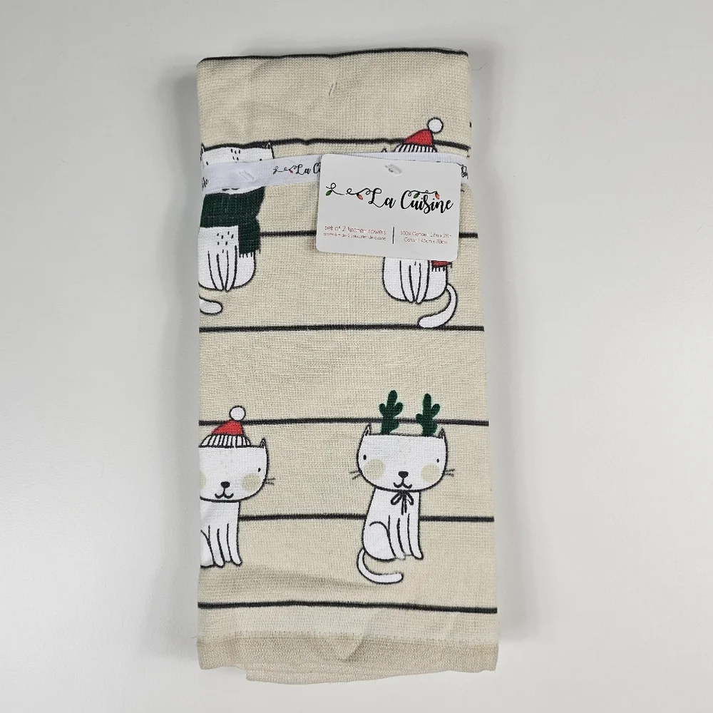 Le Cuisine Christmas Cats Kitchen Towel Set NWT